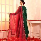Green Embroidery Neck Anarkali And Gottalace Finish Flair Palazzo Set