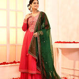 Red Embroidery Neck Anarkali And Gottalace Finish Flair Palazzo Set