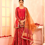 Rani Pink Block Print With Embroidery Outing Kurta And Sharara Set