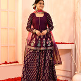 Purple Block Print With Embroidery Outing Kurta And Sharara Set