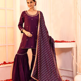Purple Hand Embroidered Cotton Silk Kurta And Gharara Set