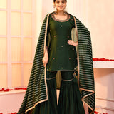 Green Hand Embroidered Cotton Silk Kurta And Gharara Set