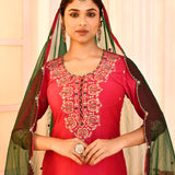 Red Embroidered Cotton Silk Kurta And Gharara Set With Contrast Dupatta