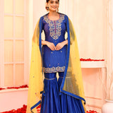 Blue Embroidered Cotton Silk Kurta And Gharara Set With Contrast Dupatta