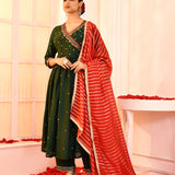 Green Hand Embroidered Kurta And Palazzo Set