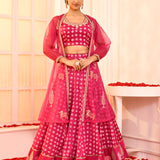 Magenta Block Printed With Neck Dori Embroidered Blouse And Foil Printed Lehenga Set