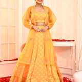 Yellow Block Printed With Neck Dori Embroidered Blouse And Foil Printed Lehenga Set