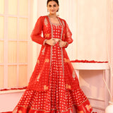 Red Block Printed With Neck Dori Embroidered Blouse And Foil Printed Lehenga Set