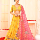 Yellow Hand Embroidered Blouse And Foil Printed Lehenga Set