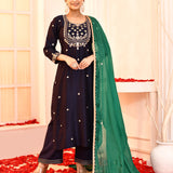 Dark Blue Hand Embroidered Straight Kurta And Palazzo Set