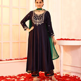 Dark Blue Hand Embroidered Flared Kurti And Palazzo Set
