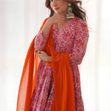 Pink Floral Anarkali Set With Orange Pant And Dupatta