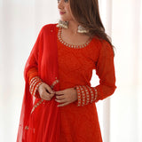 Red Anarkali Set With Matching Pant And Dupatta