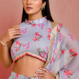 Grey Chiffon Ready-Made Saree With Floral Prints