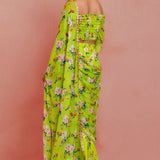 Green Georgette Ready-Made Saree With Floral Prints