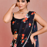 Black Georgette Ready-Made Saree With Floral Prints