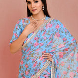 Blue Georgette Ready-Made Saree With Floral Prints