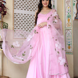 Baby Pink Satin Silk Anarkali Set With Floral Prints