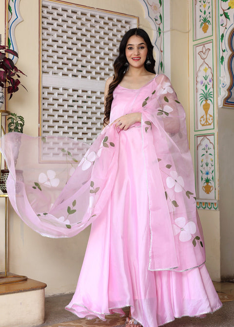 <img> Baby Pink Satin Silk Anarkali Set With Floral Prints