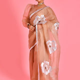 Beige Organza Saree With Floral Paint