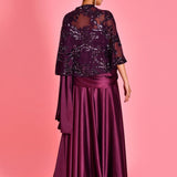 Wine Satin Draped Saree Gown With Embroidery Cape