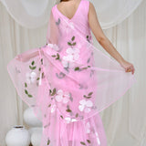 Pink Gown Organza Fusion Sarees With Hand Painted