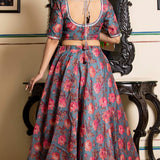 Dark Grey Chanderi Lehenga Set With Floral Printed
