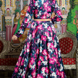 Black Satin Lehenga Set With Floral Prints
