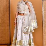 Smoke White Cotton Silk Lehenga Set With Organza Dupatta