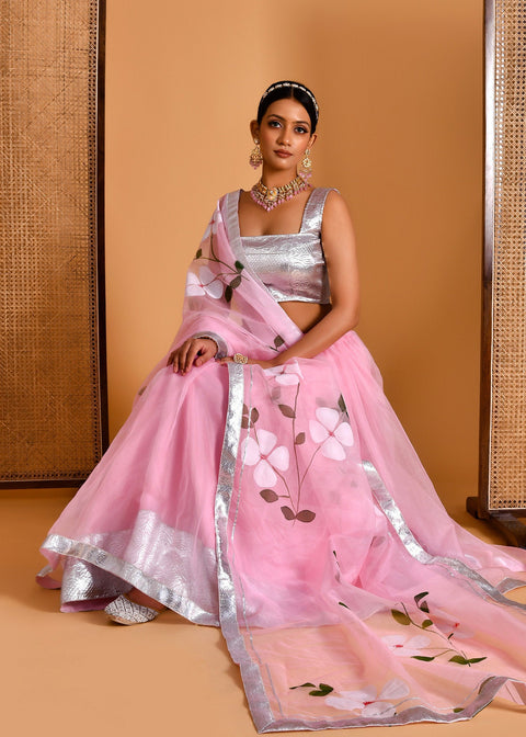 <img> Soft Pink Organza Lehenga Set With Digital Prints