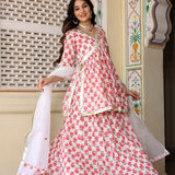 White And Red Floral Printed Cotton Kurta With Skirt Set