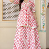 White And Red Floral Printed Cotton Kurta With Skirt Set