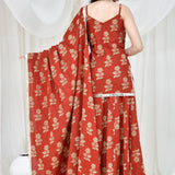 Maroon Cotton Kurta And Skirt Set With Floral Prints