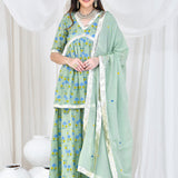 Greenish Grey Cotton Kurta Skirt Set