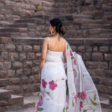 White Floral Painted Organza Saree