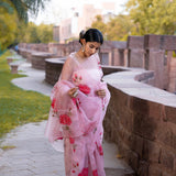 Pastel Pink Floral Painted Organza Saree