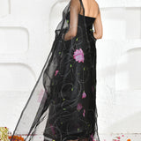 Black Floral Hand Painted Organza Saree