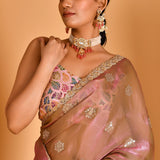 Brownish Pink Tissue Organza Saree With Sequins And Lace Blouse