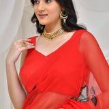 Red Georgette Hand Painted Saree