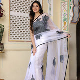White Hand Painted Organza Saree