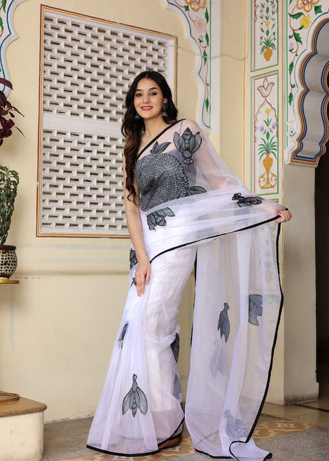 <img> White Hand Painted Organza Saree