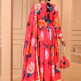 Strawberry Pink Georgette Anarkali Set With Floral Prints