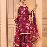 Maroon Chiffon Kurti Set With Floral Prints