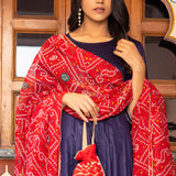 Indigo Cotton Silk Anarkali Set With Bandhani Dupatta