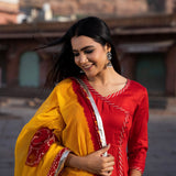 Red Cotton Silk Suit Set With Bandhani Dupatta
