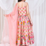 Pale Pink Cotton Anarkali Set With Floral Prints