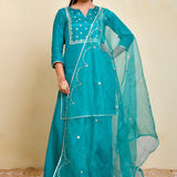 Blue Green Silk Kurti With Sharara And Dupatta