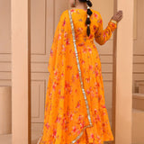 Orange Chiffon Anarkali Set With Printed Floral Design
