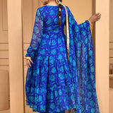 Blue Chiffon Anarkali Set With Printed Design