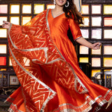 Tiger Orange Taffeta Silk Anarkali Set With Zari Woven Dupatta